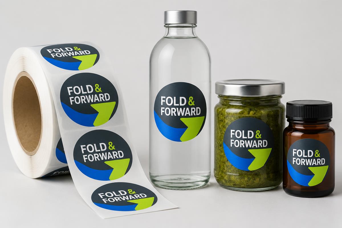 Labels & stickers concept with FOLD & FORWARD branding