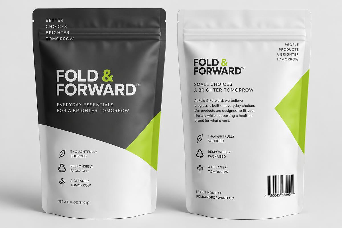 Stand-up pouches concept with FOLD & FORWARD branding